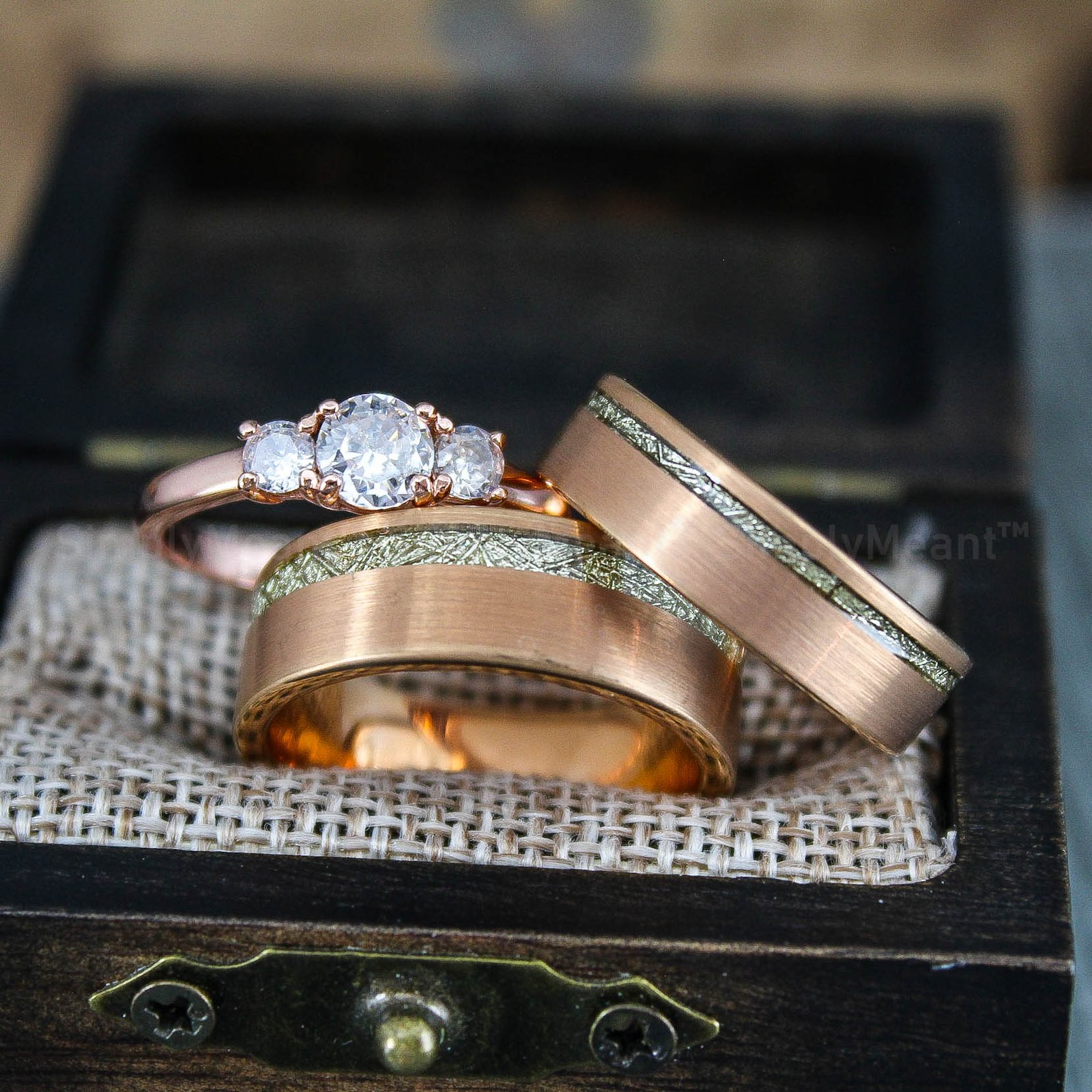 IMG_1476 Meteorite Rings, Meteorite Wedding Bands, Rose Gold Tungsten Bands with Meteorite Inlay - Image 1