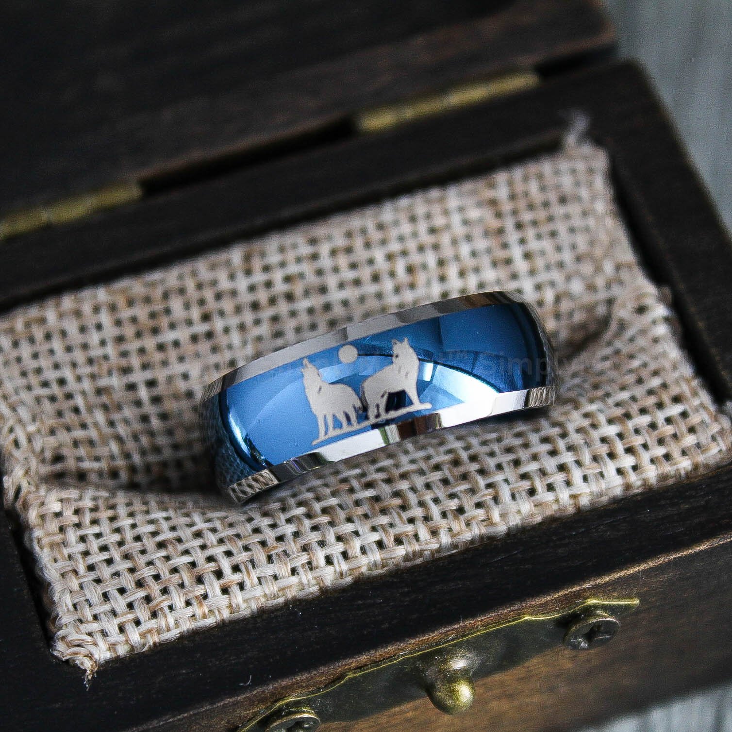 IMG_1751 Wolves Ring, Howling Wolves Wedding Band, Wolf Jewelry, Blue Wedding Band - Image 1