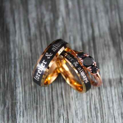 Forever and Always Rings, Black Wedding Bands, Couple Ring Set, Matching Couple Rings
